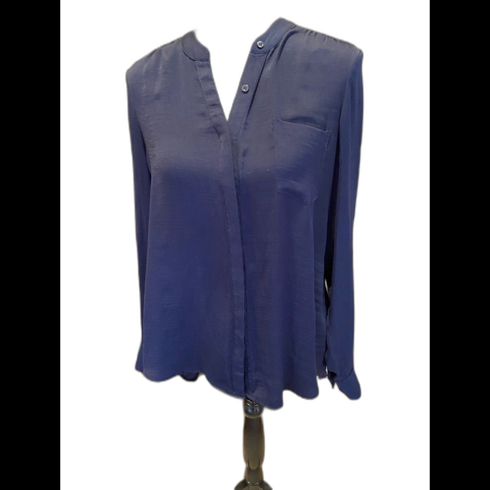 Apt. 9 Blouse Size‎ Large Top Navy Blue  Button Down Shirt Flowy Casual Work